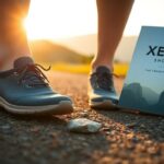 A person wearing black athletic shoes standing on a gravel path at sunset next to an upright book titled "Xero Shoes: The Beginner's Guide" with mountains pictured on the cover.