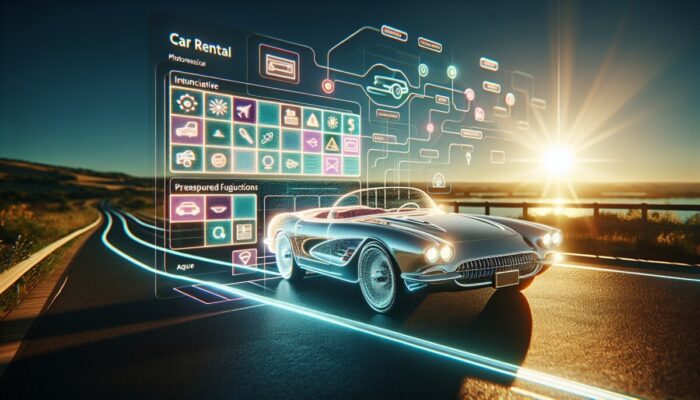 A stylish convertible on a sunlit road alongside a screen displaying an intuitive car rental interface.