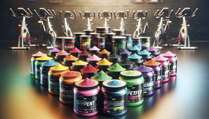A vibrant assortment of pre-workout supplements on a gym floor, with spin bikes in the background.