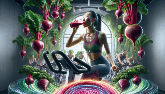 Athlete consuming beetroot juice, surrounded by beets and greenery, experiencing energy waves during spin class.