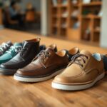 A row of five pairs of casual leather shoes, perfect for wide feet, arranged on a wooden table. Each pair varies in color, including navy blue, turquoise, and shades of brown. A blurred background reveals shelves and a person sitting in the room, showcasing these top recommendations.