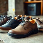 A row of men's lace-up work shoes displayed on a concrete surface, designed for wide feet, showcasing various shades of brown and black, some featuring contrasting soles. A blurred background suggests an indoor environment with wooden elements.