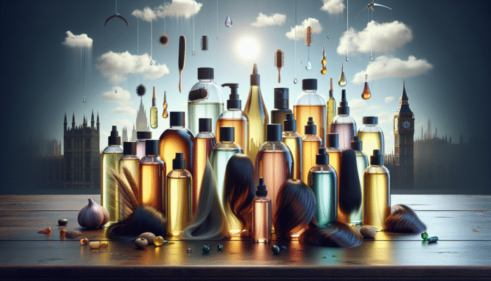 Various bottles of hair oils on a wooden table, labelled with benefits and suitable for diverse hair types, set against a backdrop reflecting UK weather.