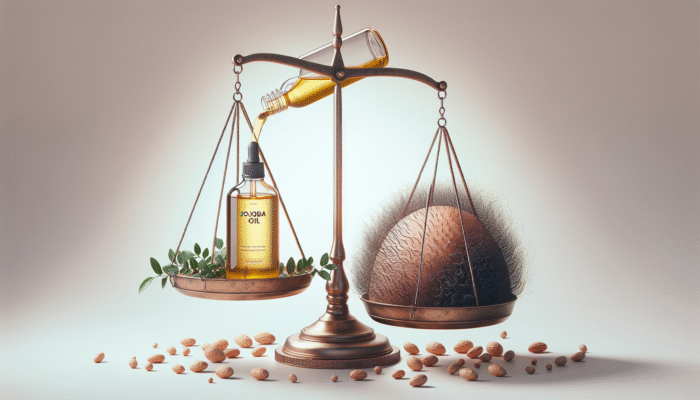 Jojoba oil balancing natural scalp oils with tea tree leaves, promoting a healthy, dandruff-free scalp.