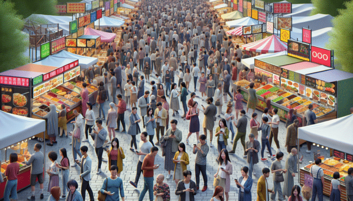 A vibrant festival scene filled with diverse stalls, crowds, and tech-savvy attendees enjoying culinary delights.