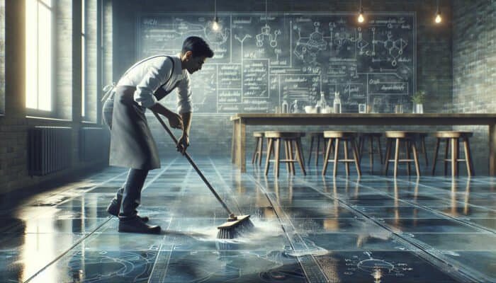 Individual cleaning slate floors with a mild solution, sweeping debris, rinsing, preparing for polishing.
