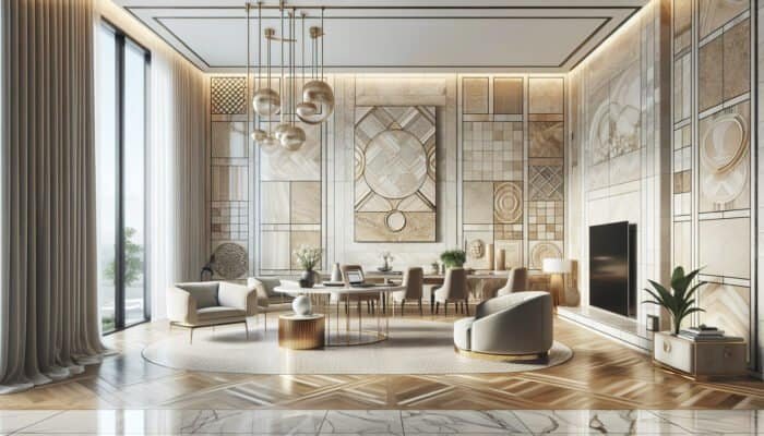 Interior of an Australian home showcasing classic beige, ivory, and walnut travertine tiles that merge elegance with modern style.