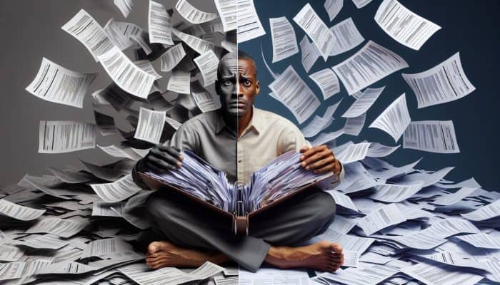 Grasping the Essential Principles of Debt Consolidation: A Beginner's Guide | DCL Grasping the Essential Principles of Debt Consolidation: A visual representation of an individual merging multiple bills into one folder, symbolising financial clarity and relief.