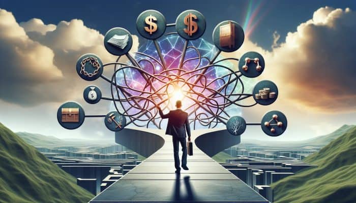Understanding Essential Terminology in Debt Consolidation: A Beginner's Guide | DCL A person confidently navigating a clear path through a complex financial landscape with labelled signposts under a bright sky.