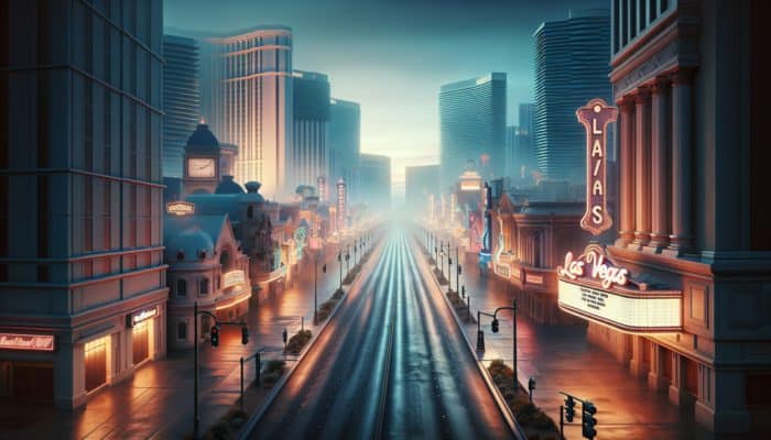 A serene early morning view of Las Vegas with quiet streets and empty casinos.
