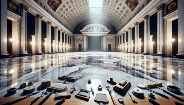 A large marble floor in a grand hall, highlighting both polished and scratched areas, along with polishing tools.