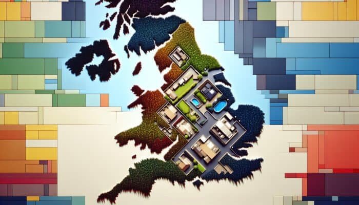 UK map illustrating regional price variations for marble floor polishing with colour-coded costs alongside polished marble floors.