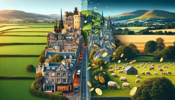 Edinburgh's urban skyline and Welsh countryside with contrasting price tags indicating unique pricing models.