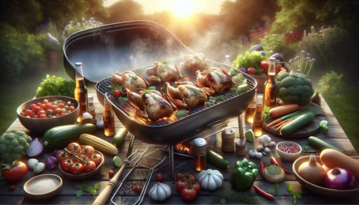 Organic and free-range chickens grilling with an array of herbs and vegetables, showcasing ethical and flavourful eating.