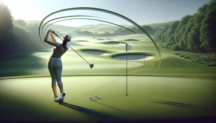 A golfer executing an ideal cut shot on a lush green course, as the ball curves towards the flag.