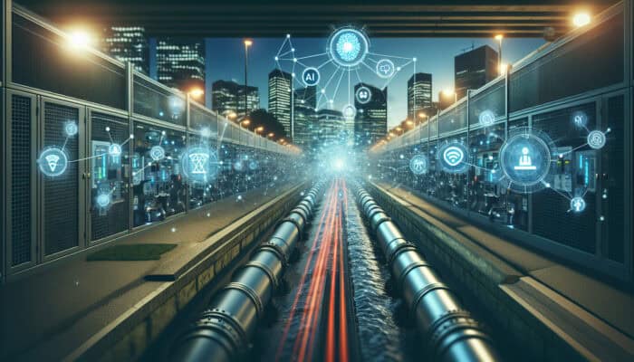 A futuristic sewer system in Surrey with AI and IoT, showcasing real-time data and predictive alerts on a digital interface.