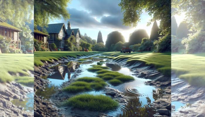 Surrey yard depicting common drainage issues such as standing water, waterlogged soil, and inadequate slopes.