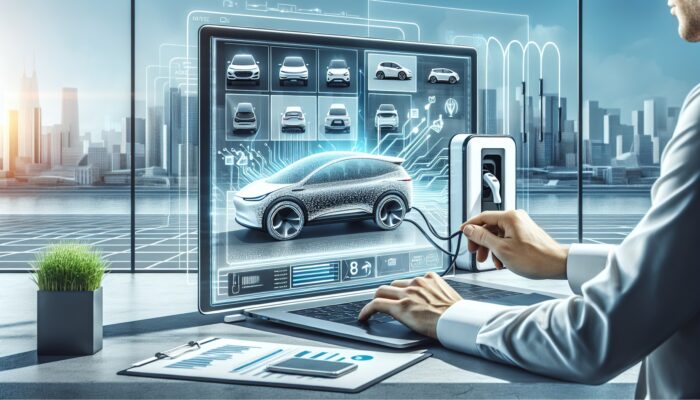 Individual completing EV rental via laptop, with EV models displayed on screen, alongside a charging station and city skyline in view.