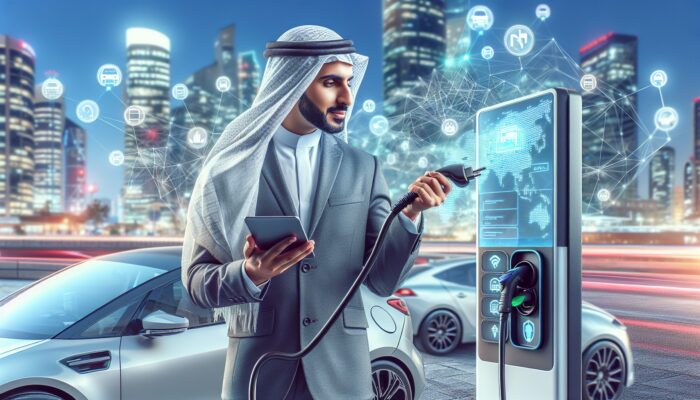 Individual using a touchscreen to locate charging stations for an electric rental vehicle in an urban environment.