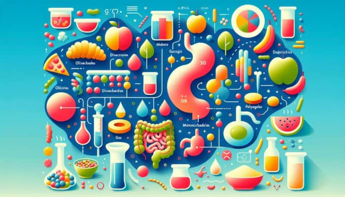 How to Make Low-FODMAP Dinners: Infographic showing FODMAPs: oligosaccharides, disaccharides, monosaccharides, polyols, with gut-friendly foods and digestive symptoms on blue background.