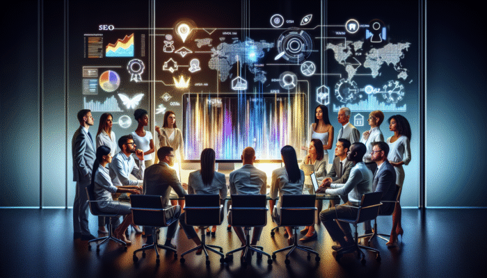 A group of professionals analysing SEO analytics on a computer screen in a contemporary office setting.