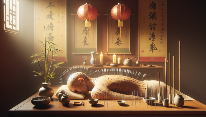 A serene acupuncture session with needles on a patient, surrounded by calming Chinese elements, symbolising mental health improvement.