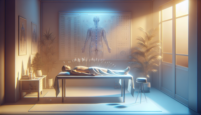 A serene acupuncture session with needles along energy meridians, promoting mental clarity and emotional balance in a tranquil room.