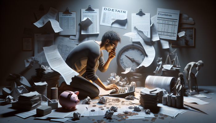 Does Debt Consolidation Hurt Your Future Loans: Impact Explained | DCL Individual in a dimly lit room, surrounded by financial documents, anxiously calculating extended debt repayment on a calculator, with a calendar displaying prolonged dates.