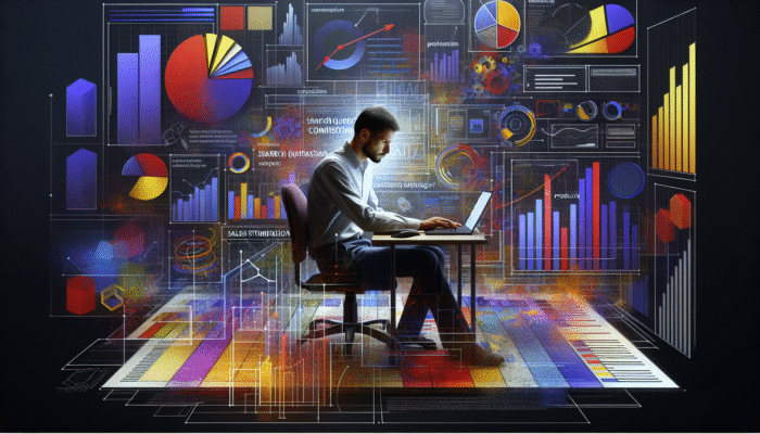 Utilising Content to Target Commercial Intent: A person analyzing search query data on a computer, surrounded by marketing strategy documents and product images.