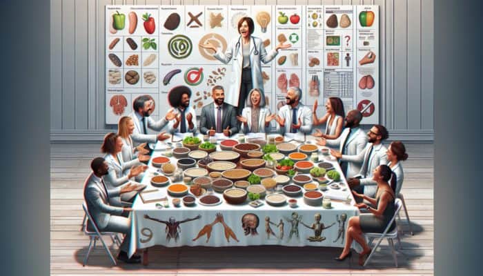 A table with an assortment of tofu, lentils, quinoa, and nutrition experts discussing, complemented by charts and graphs.