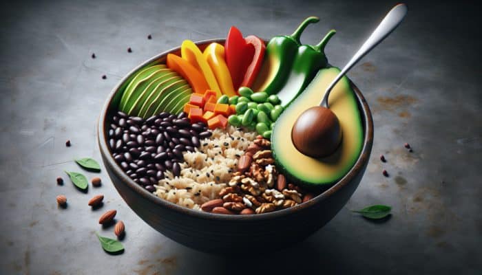 A vibrant bowl filled with brown rice, black beans, bell peppers, avocado, and nuts, illustrating a balanced, nutrient-dense meal.