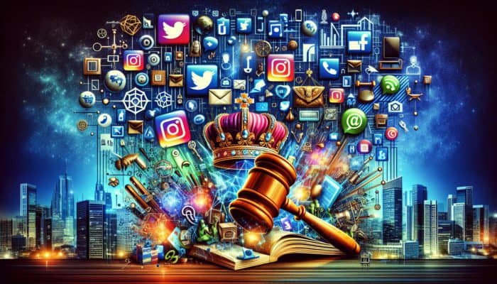 Dynamic social media icons with authoritative symbols against a city skyline at night.