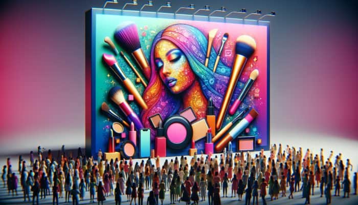 A digital billboard featuring a beauty influencer promoting Glossier, surrounded by a diverse and engaged audience.