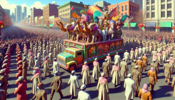 A lively holiday parade featuring organised floats and various animals such as elephants and horses under a bright sky.