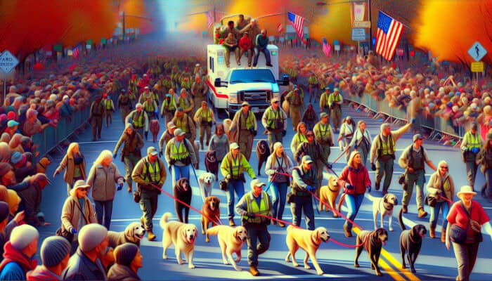 A vibrant holiday parade featuring volunteers managing animals and the crowd, ensuring safety and enjoyment for all.