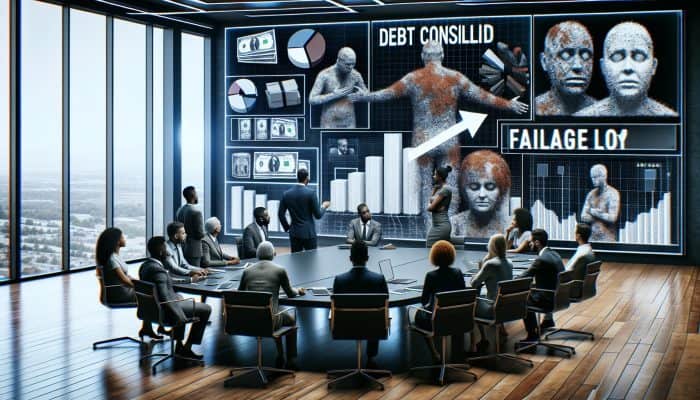 Real-Life Debt Consolidization Loan Failures: UK Case Studies | DCL Diverse financial experts analyzing failed debt consolidation loan cases on a chart in a modern conference room.
