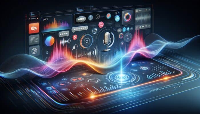 Sleek digital interface featuring voice search icons, sound waves, and abstract data streams.