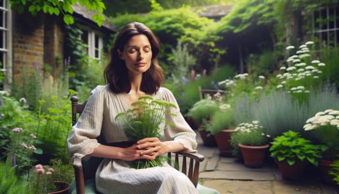 34-year-old woman in a serene Australian garden, holding feverfew, smiling with relief from fewer migraines.