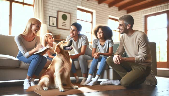 Golden Retriever happily interacting with family, practicing sit, stay, and come commands in living room.