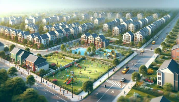 A lively neighbourhood with homes near educational institutions, parks, and playgrounds, demonstrating the positive impact of school zones on property values.