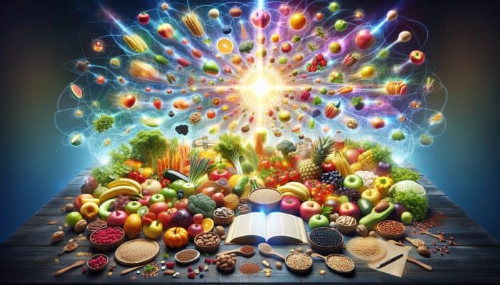 A vibrant table with colorful, nutritious foods and glowing energy orbs symbolising vitality and health.