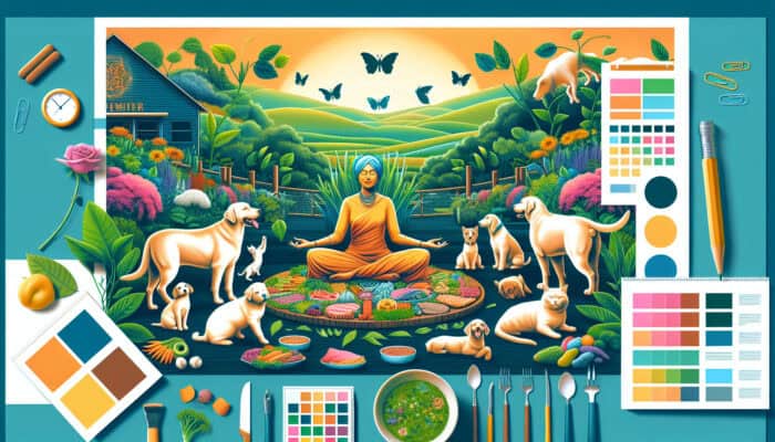 A joyful pet owner with their pets enjoying a plant-based meal in a lush green setting, symbolising ethical dietary choices.