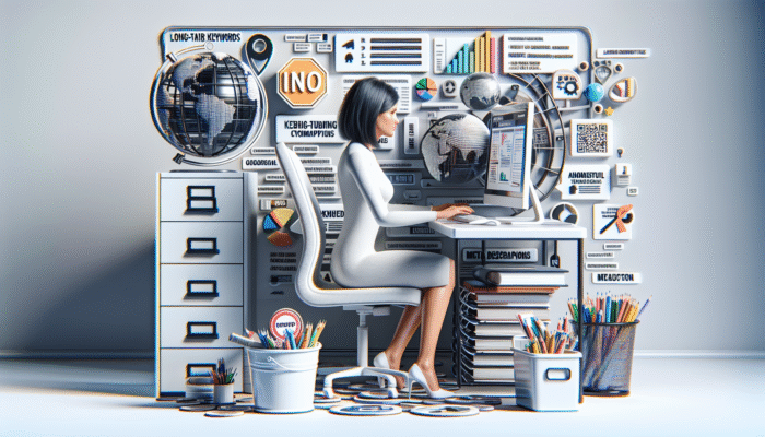 Person optimising website on computer in modern office, focusing on local long-tail keywords and relevant meta descriptions.