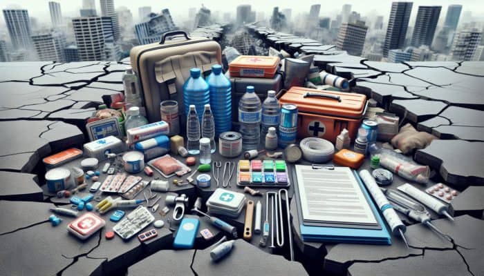 Comprehensive earthquake survival kit with essentials like water, food, first aid, and tools, against a cracked urban landscape.