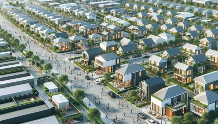 Aerial view of a vibrant neighbourhood showcasing modern entry-level homes and green spaces.