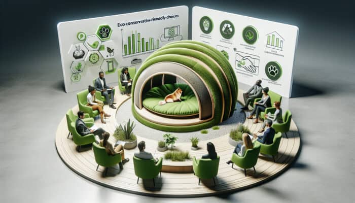 A cozy pet bed crafted from recycled materials, as discussed by experts in a green-themed studio.