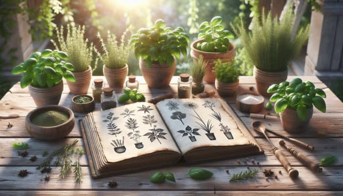 A rustic table featuring an herb journal, potted herbs, and soft natural light.