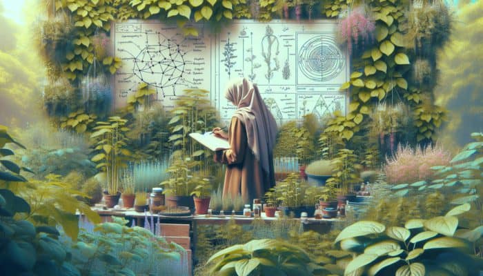 A lush herb garden with a gardener documenting observations in a journal, surrounded by herbs at various growth stages.