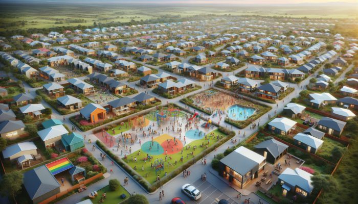 Aerial view of Giyani's family-friendly mid-level neighborhoods with parks, homes, and community centers.