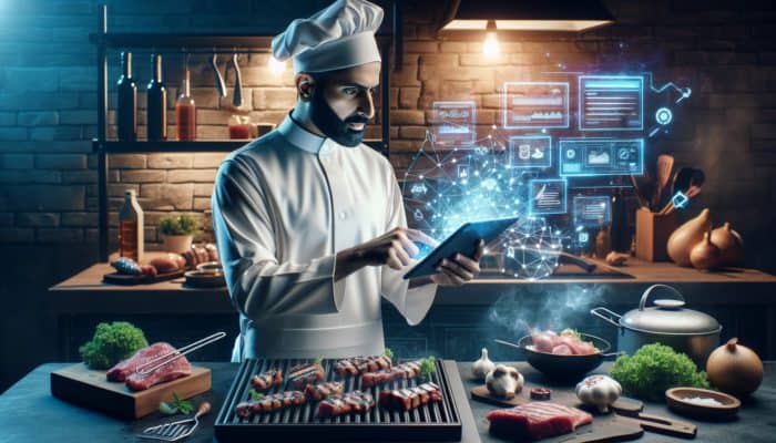 A chef using AI on a tablet to create BBQ recipes in a modern kitchen equipped with grilling tools and various meats.